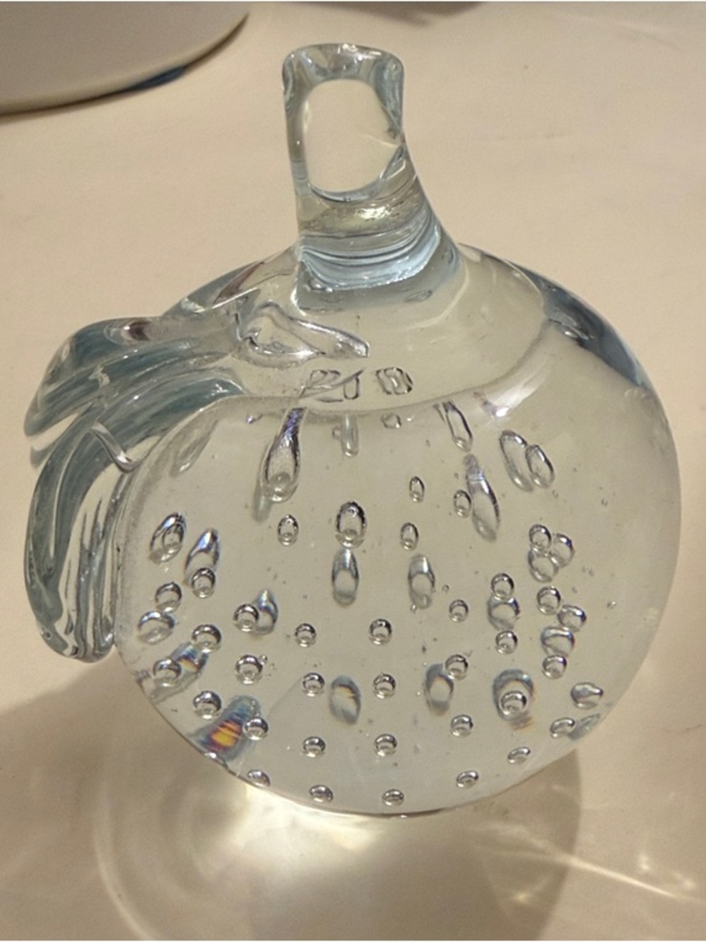Apple Paperweight w/ Bubbles - Clear Handblown Glass - No Markings EUC